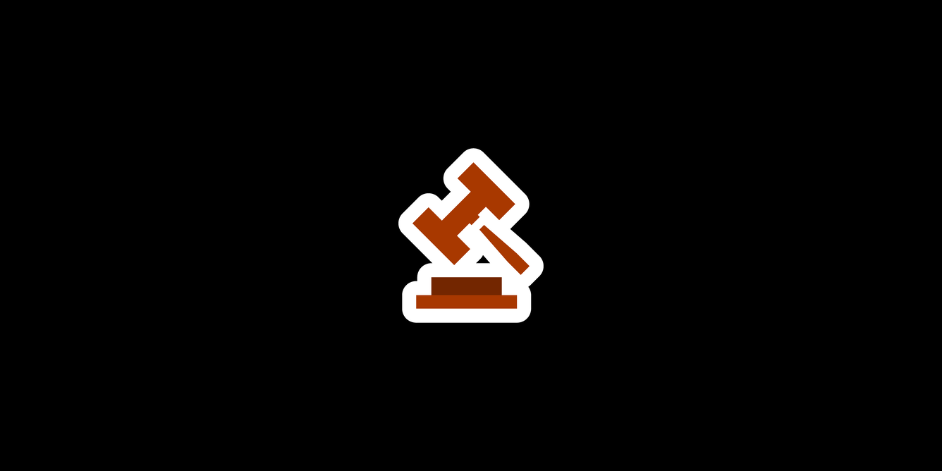 Gavel with a gavel block. Symbol displayed on a black background to see the entirety of the symbol. 