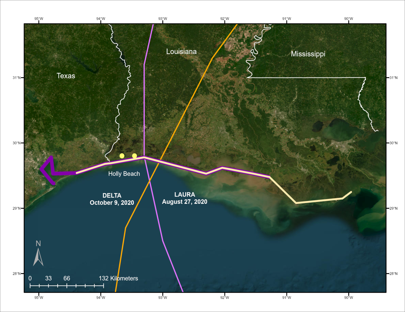 Map of the Texas and Louisiana coast showing the tracks of Hurricanes Laura and Delta in 2020 along with the extent of hurricane warnings for each storm.