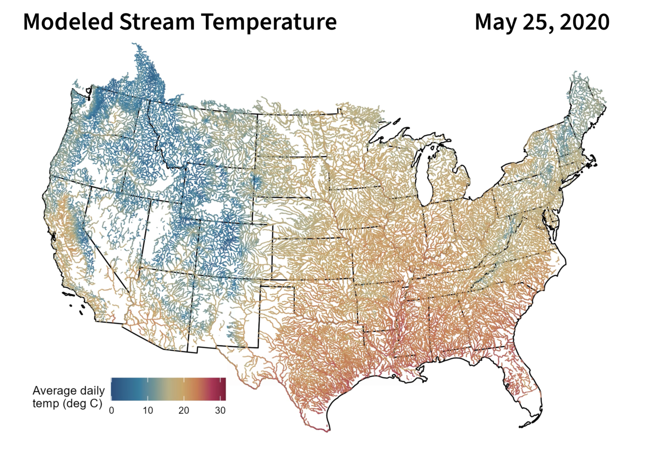 map of the lower 48 U.S. showing stream temperatures ranging from ~20-5 degrees celsius