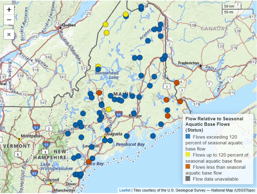 A map displaying the comparison of streamflow in Maine to seasonal aquatic base flow