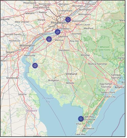 Map showing the locations of the five continuously Monitored Locations.