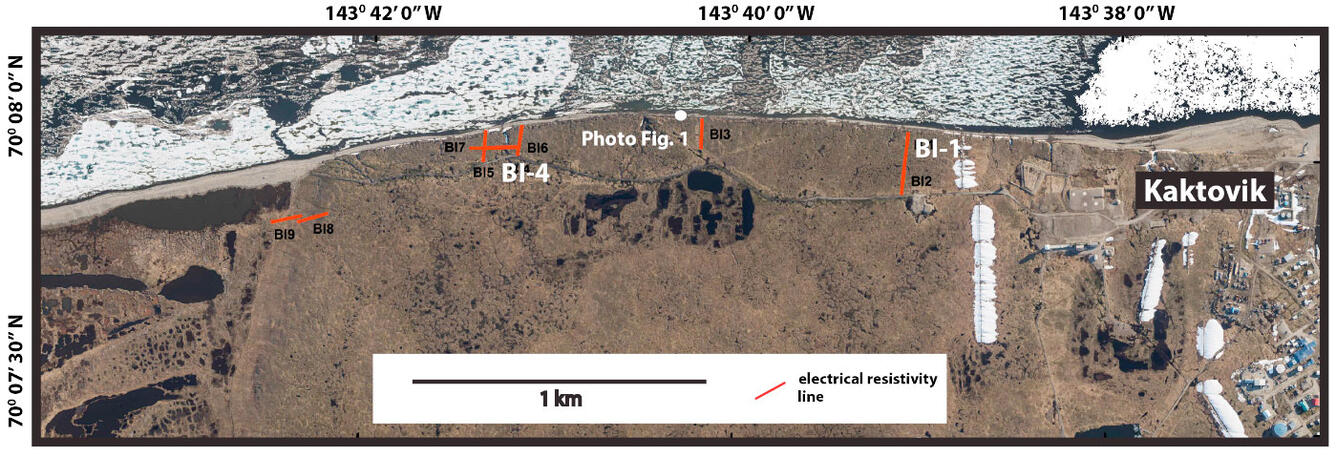 View from the sky of a coastline, the photo has been labeled to show features.