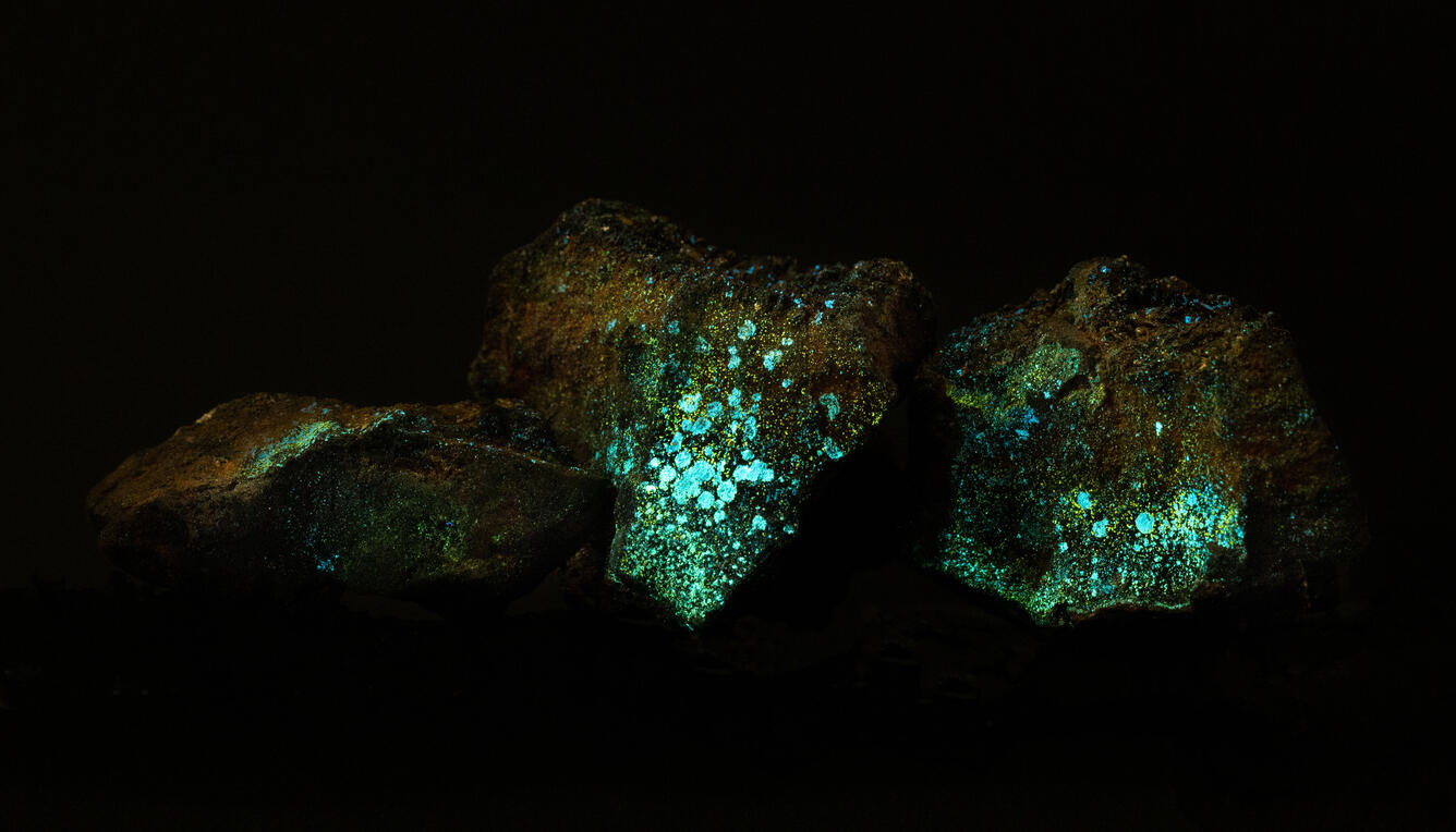 Photograph of three rocks arranged side-by-side with a plain background.