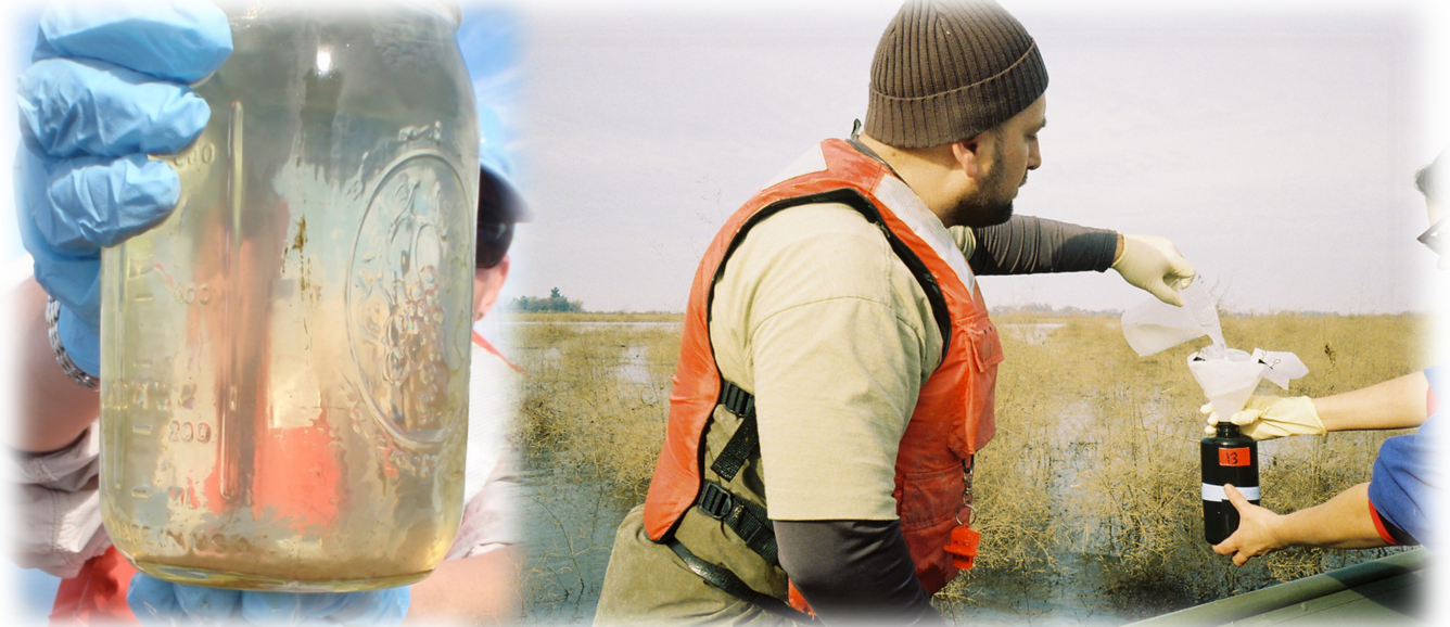 Two images, 1) a man holding a mason jar of water, 2) a man pours water onto a sample bottle held by another person. 