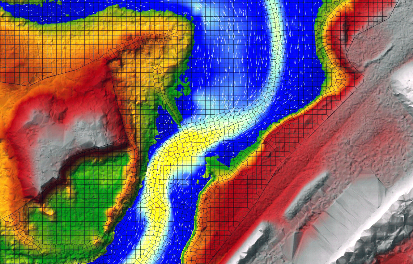 Screenshot of two-dimensional hydraulic model at Hyde Pond Dam site on Whitford Brook, Mystic, Connecticut. 