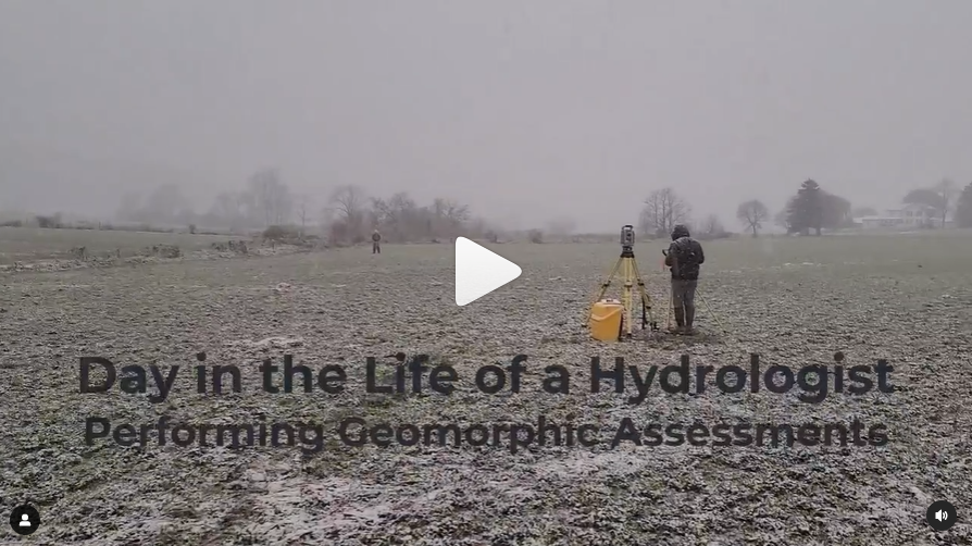 video screen shot showing a farm field in winter and scientist with survey equipment