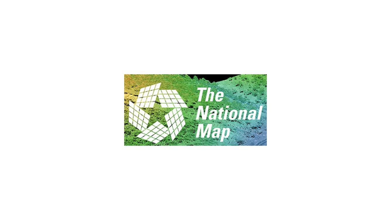 Lidar image of hills as the background.  White star symbol and "The National Map" text in foreground.