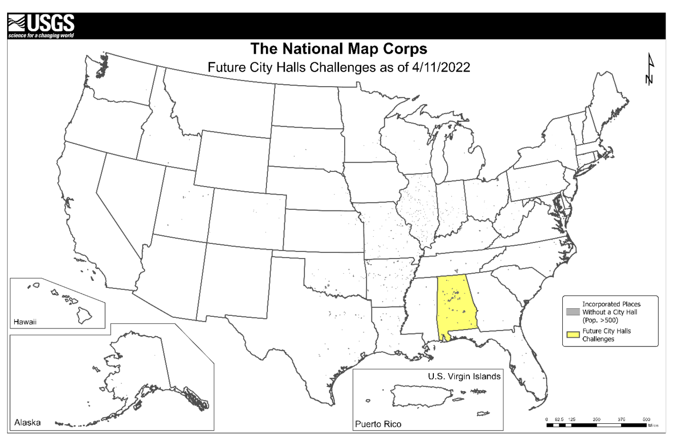 Map of the United States showing future city hall challenge states and incorporated places with a population greater than 500