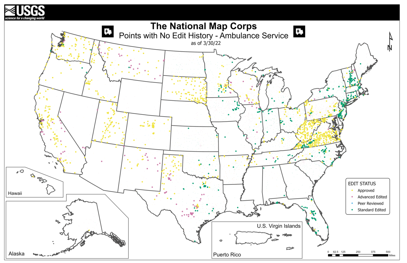 A map showing all the edited ambulance service points with no edit history.