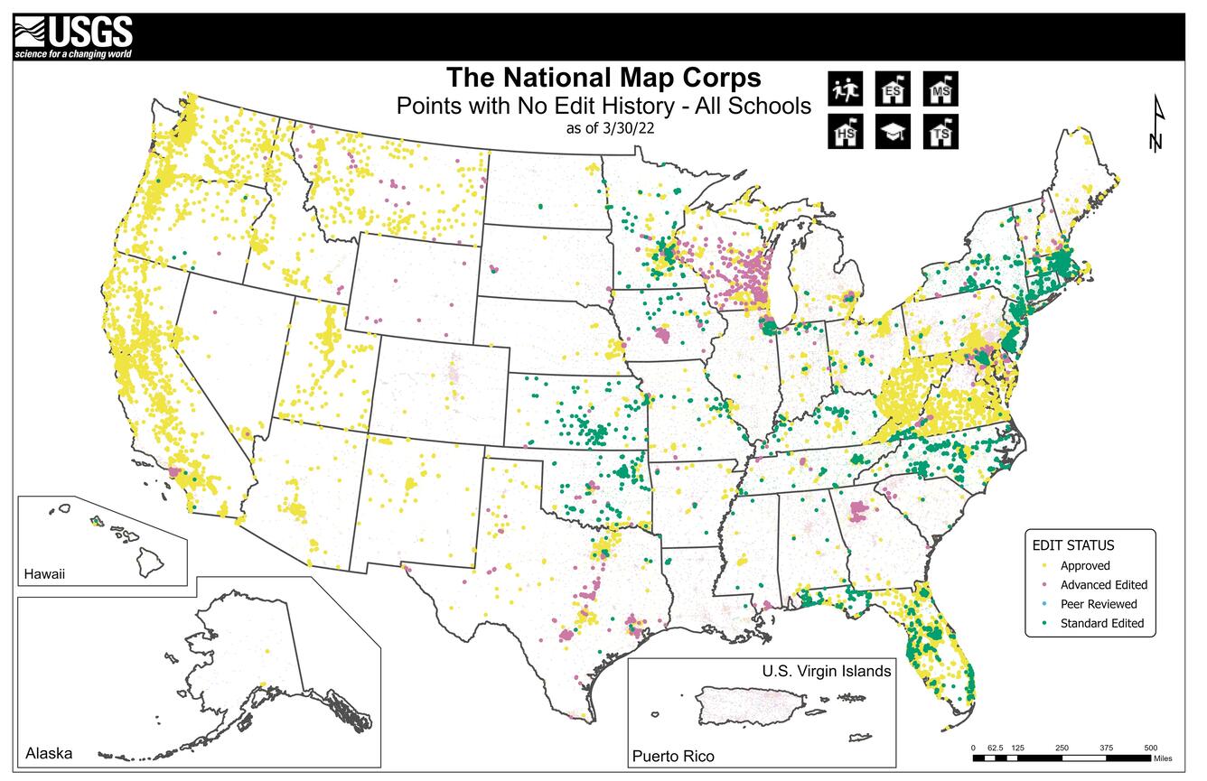 A map showing all the edited schools with no edit history. 