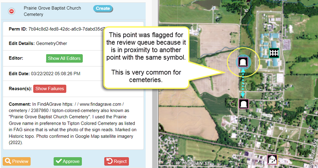 A screenshot of a cemetery in the review queue.