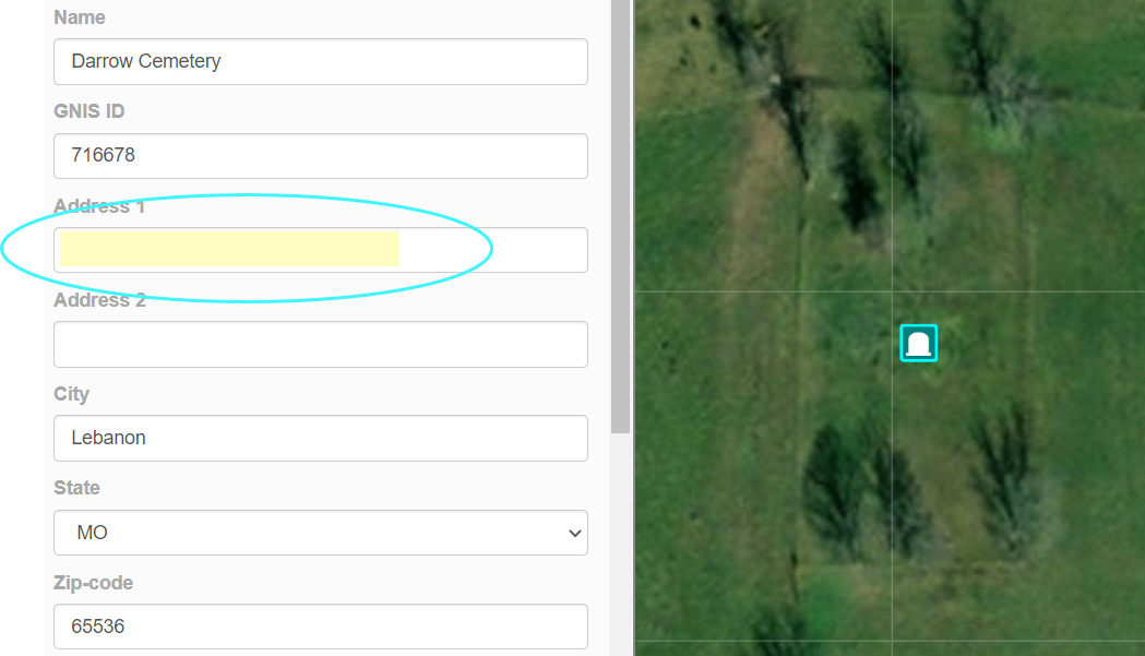 A screenshot of a cemetery point and the editing window with blank address fields.