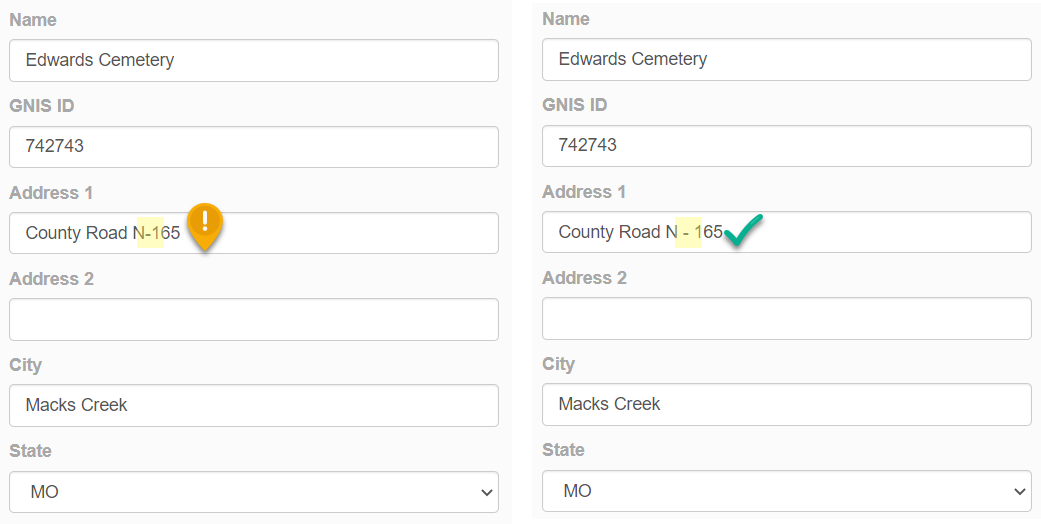 Screenshot of cemetery point editing window showing incorrect and correct hyphen formatting.