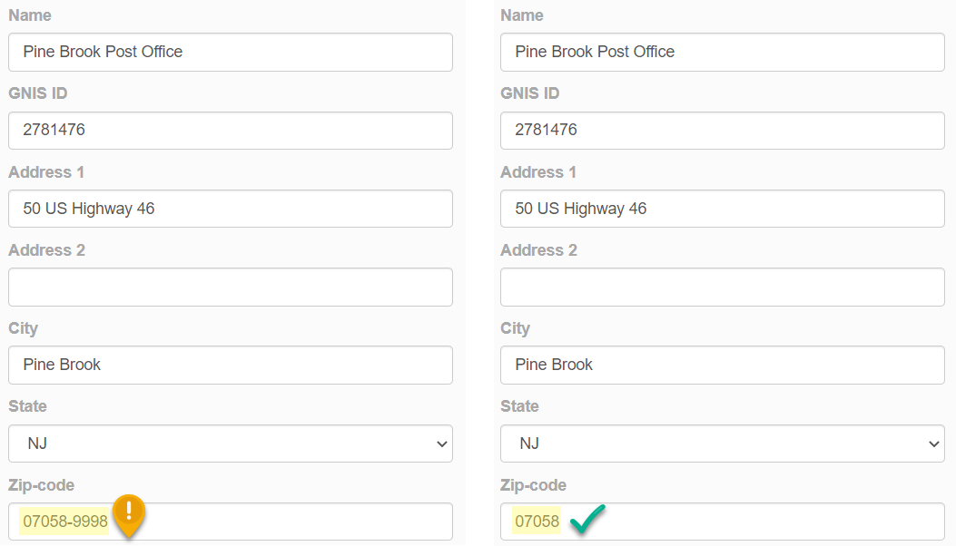 Screenshot of post office point editing window showing incorrect and correct zip code formatting.