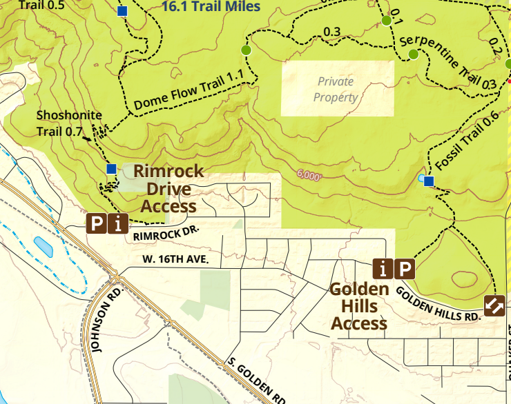 Screenshot of the Jefferson County South Table Mountain Park map showing the Rimrock Drive and Golden Hills Access points.