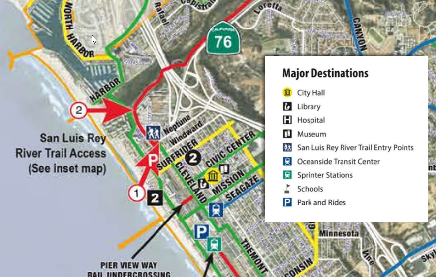 Screenshot of the City of Oceanside California Bicycle Map with legend showing major destinations.