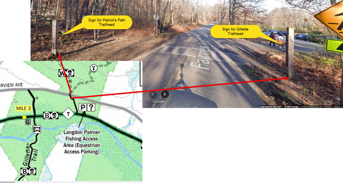 Screenshot from Google Street View ™ of the Patriot's Path and Gillette Trailheads in Long Valley, New Jersey, with inset map