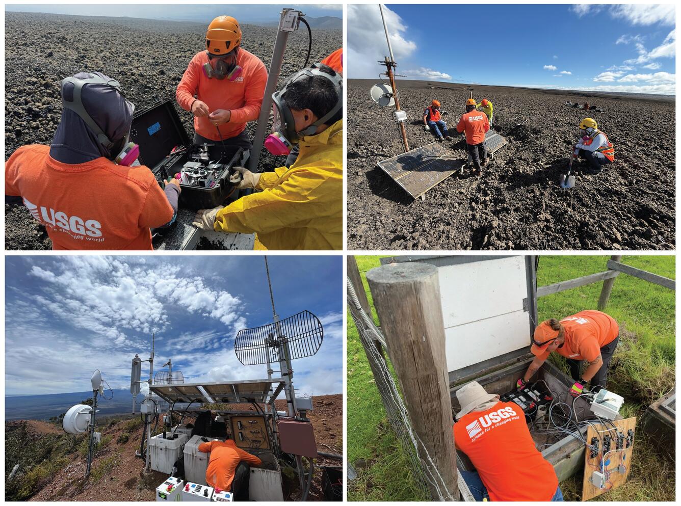 Color photograph mosaic showing four photos of field engineers working in different conditions on volcano monitoring stations