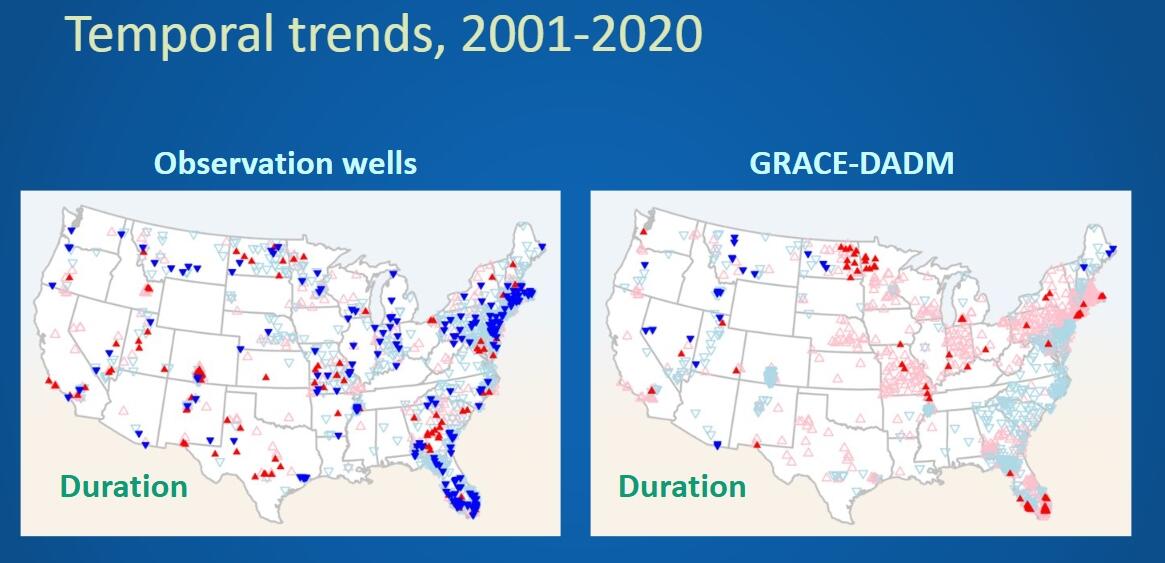 An image of two maps of the United States with blue and red triangles indicating trend changes.