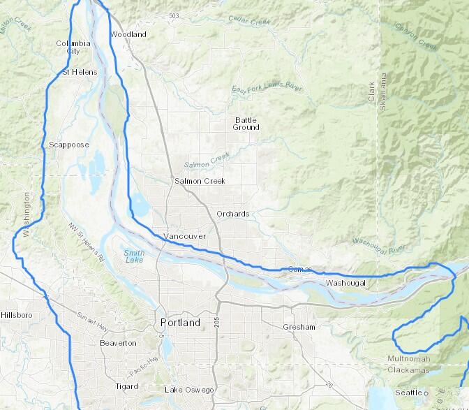 map of NW Oregon and Washington with a blue boundary around the Portland area