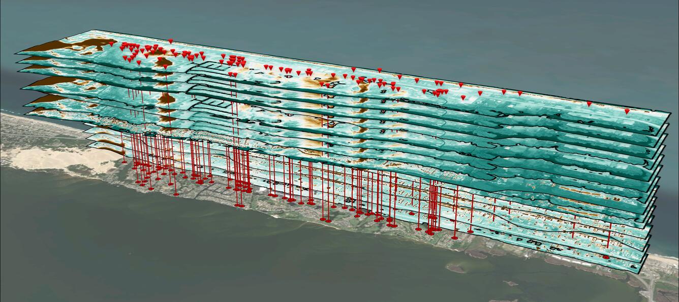 A 3D image shows a vertical stack of digital elevation models. Vertical red lines show elevation checkpoints positions.
