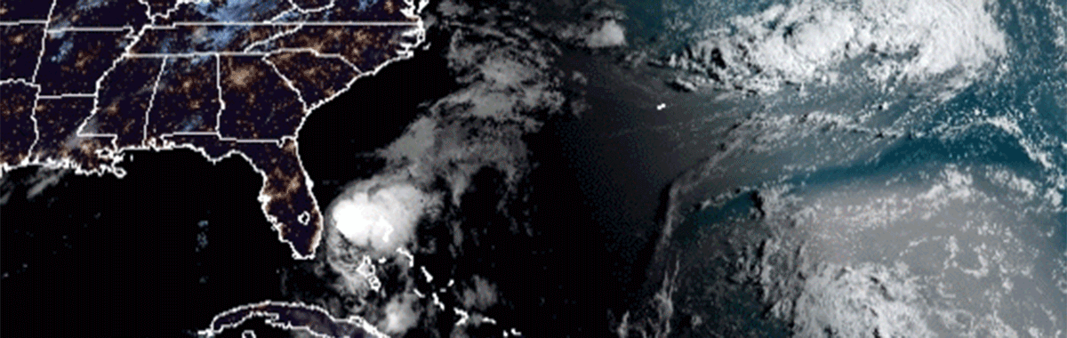 An animated gif showing a satellite image of Tropical Storm Isaias off the eastern coast of Florida