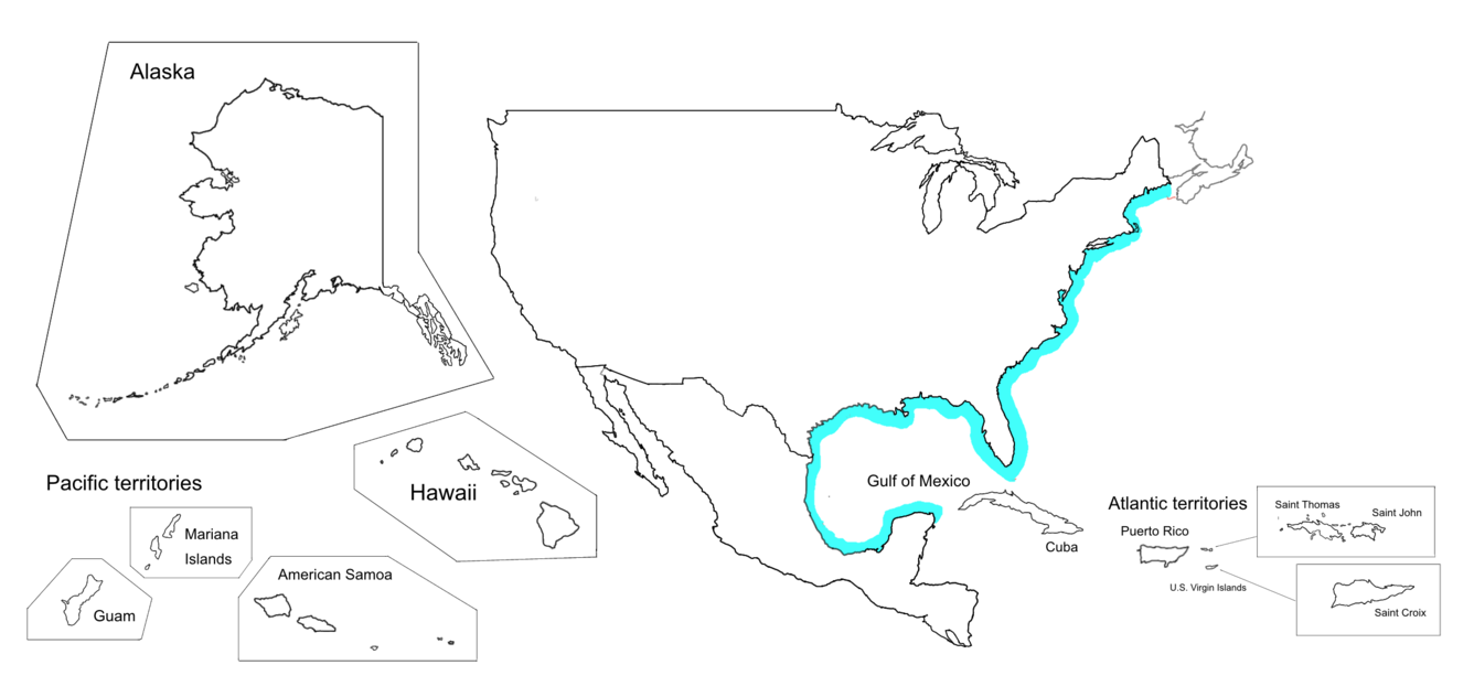 Illustrated map displaying the coverage provided by the Total Water Level and Coastal Change Forecast Viewer for the U.S. East Coast and Gulf of Mexico