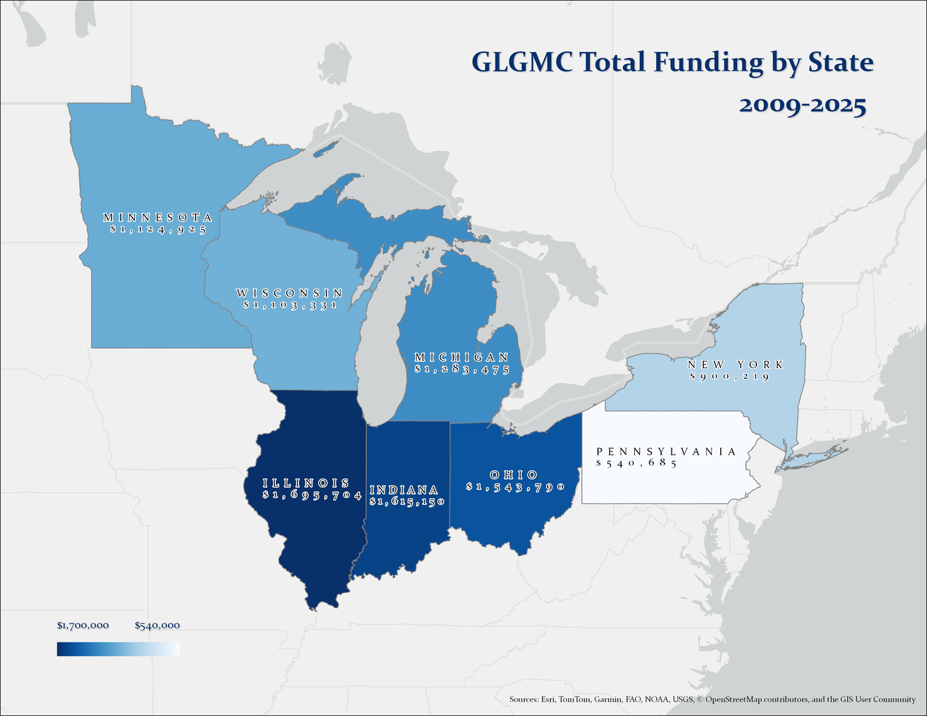 US map centered on great lakes region with each state outlined in varying shades of blue darker indicating the state received more GLGMC funding