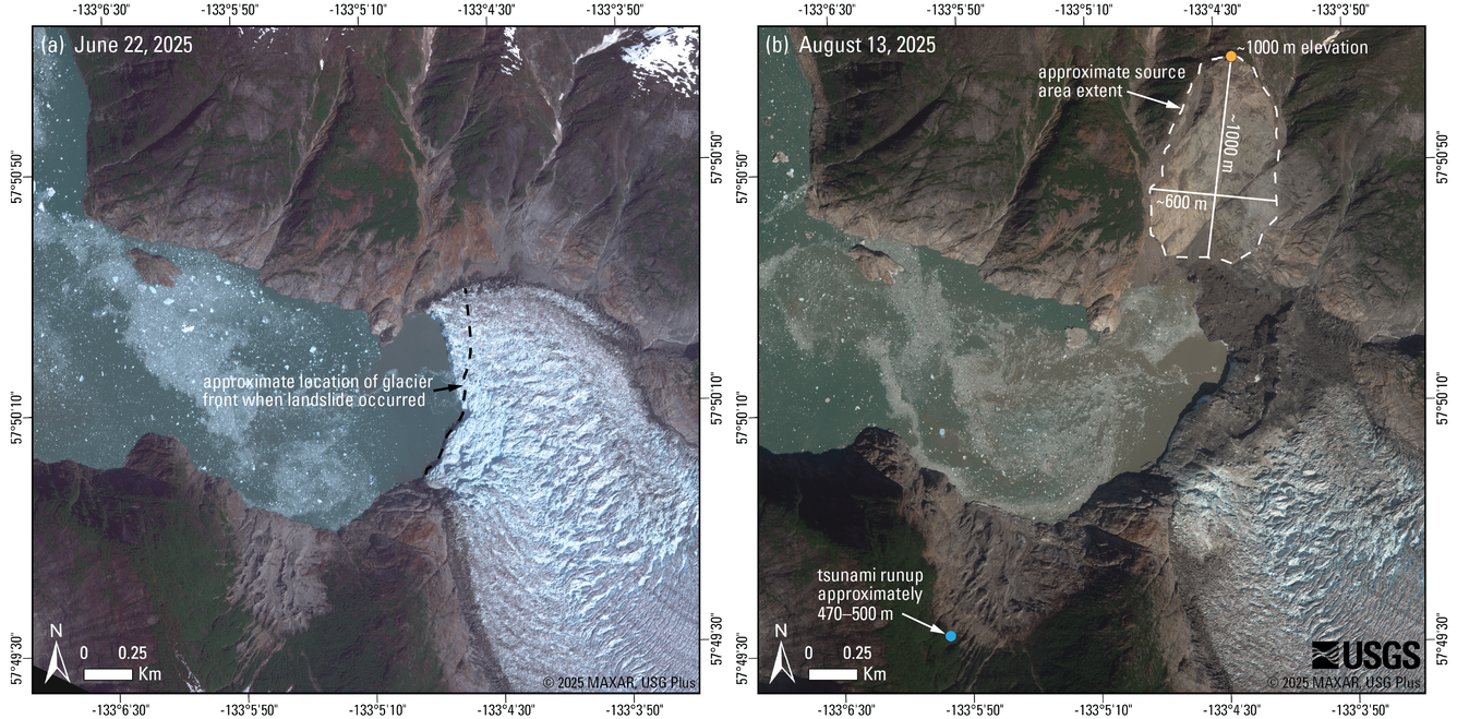 Before and after satellite imagery of the Tracy Arm landslide showing the toe of the South Sawyer Glacier missing after.