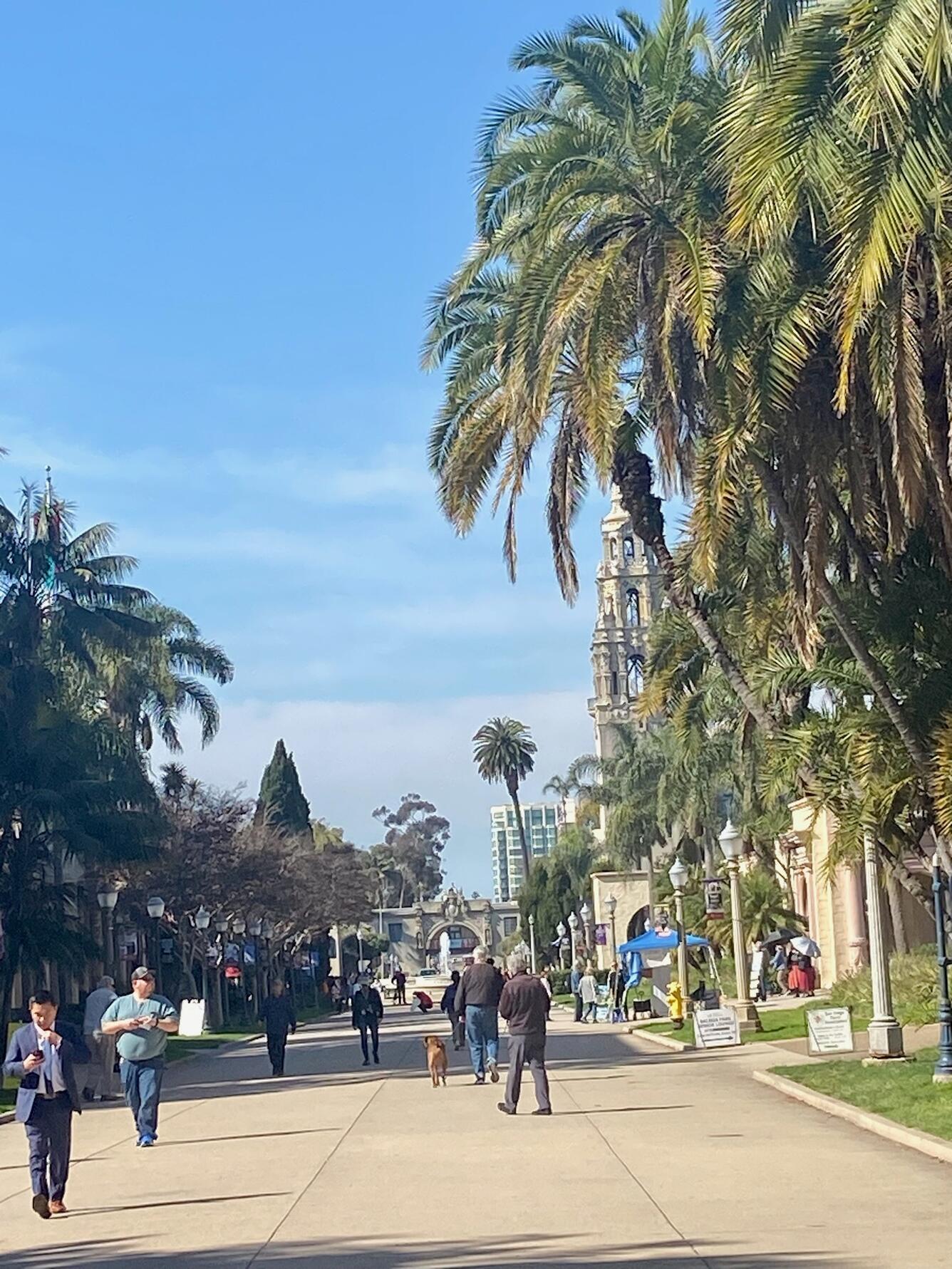 Balboa Park, San Diego with people walking and trees outside of buildings