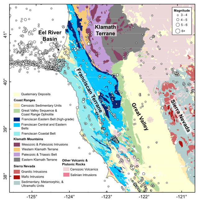  Map view of general geology of western California and southern Oregon showing earthquake magnitude and epicenter location