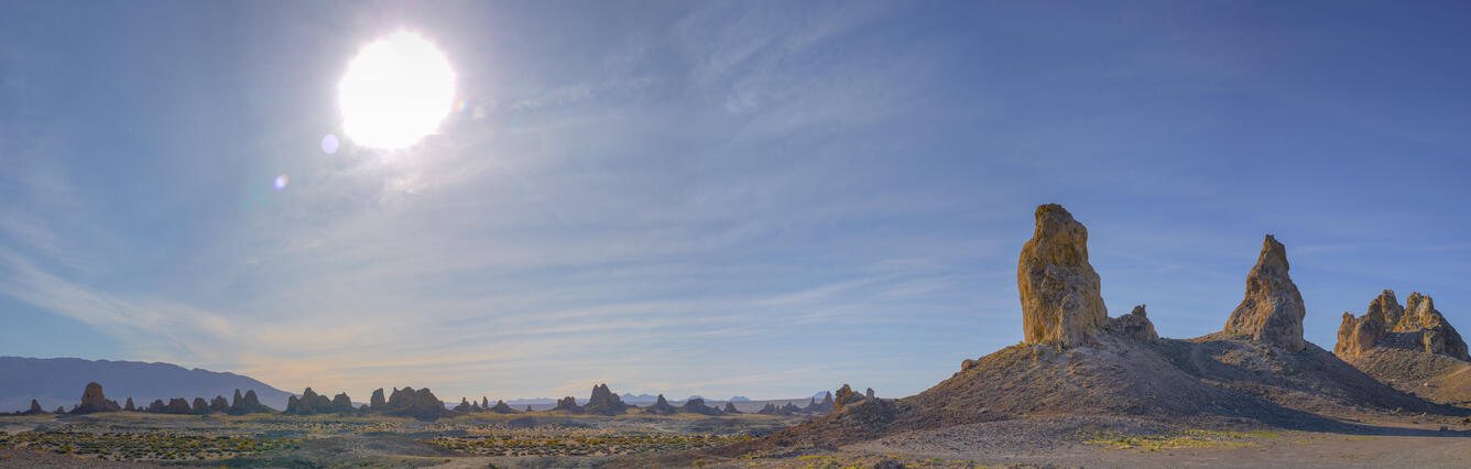 Wide view of the Trona Pinnacles with yellow wildflowers