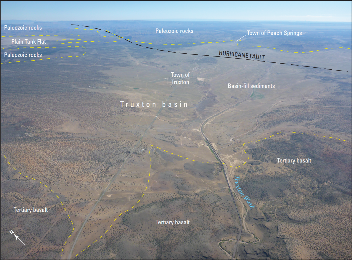 Aerial photograph showing boundaries and geologic features of the Truxton Basin in northwestern Arizona