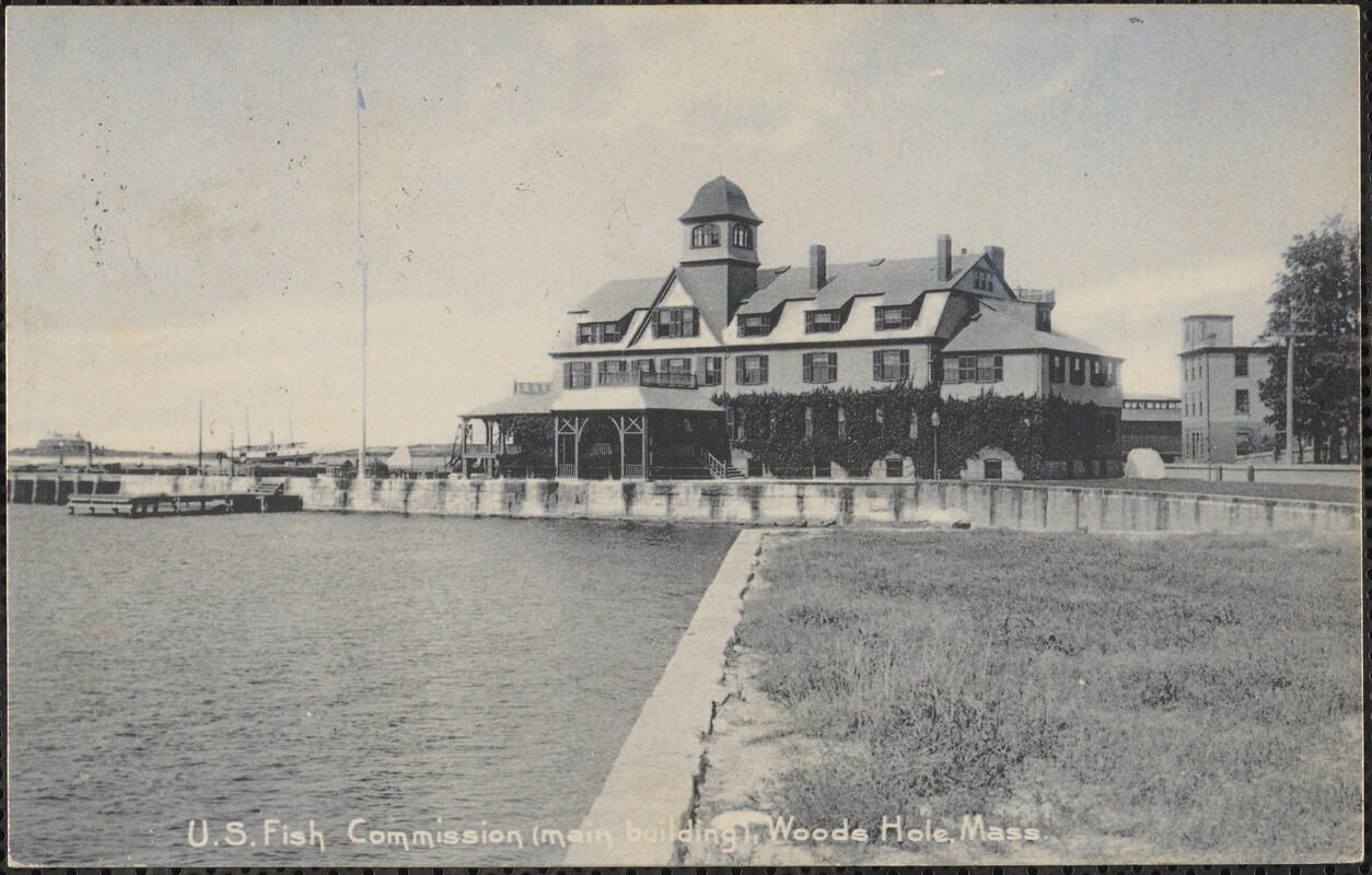 Historical image showing the U.S. Fish Commission main building in Woods Hole