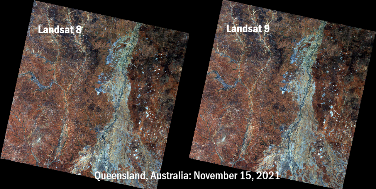 Landsat 8 and Landsat 9 images of an area of Queensland, Australia acquired during the satellite's underfly event