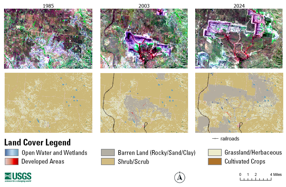 A panel of six images, with three satellite images across the top and three land cover images across the bottom and a legend