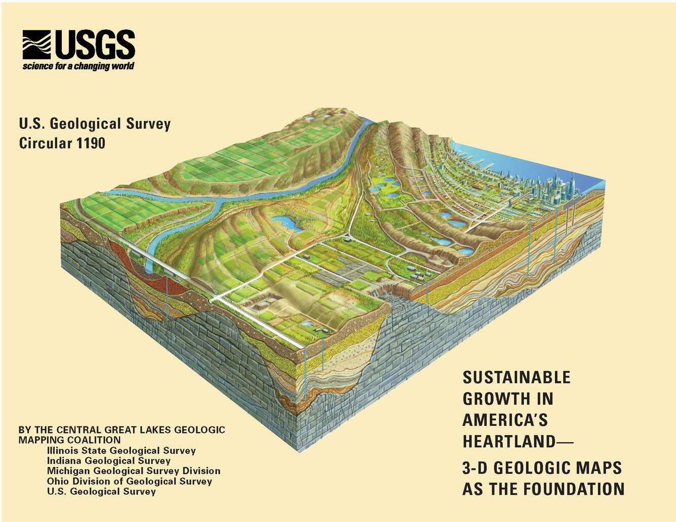 Yellow background with block diagram showing present-day surface and subsurface conditions/land use with text reading title and other information. 