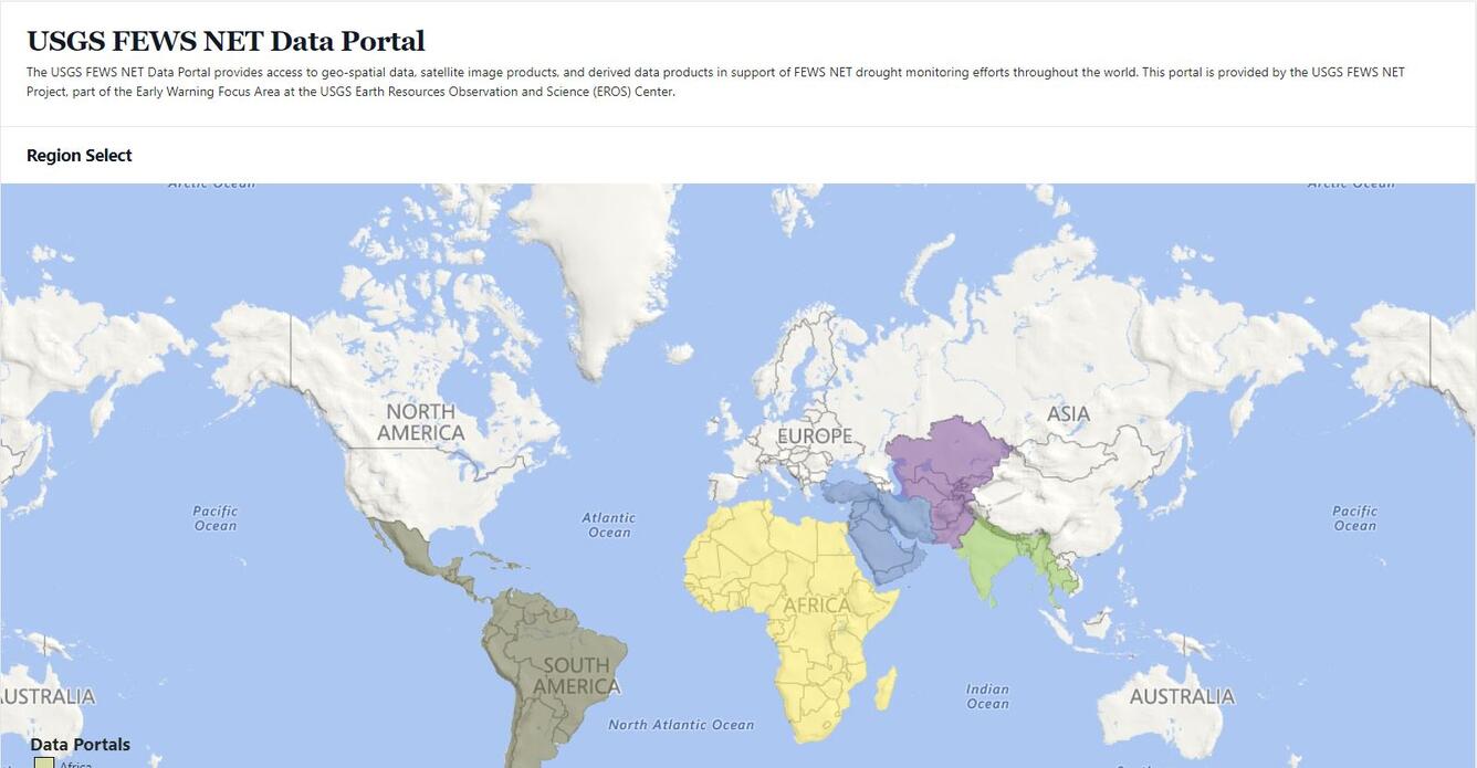 Global map with certain regions of the world in color and the rest in white