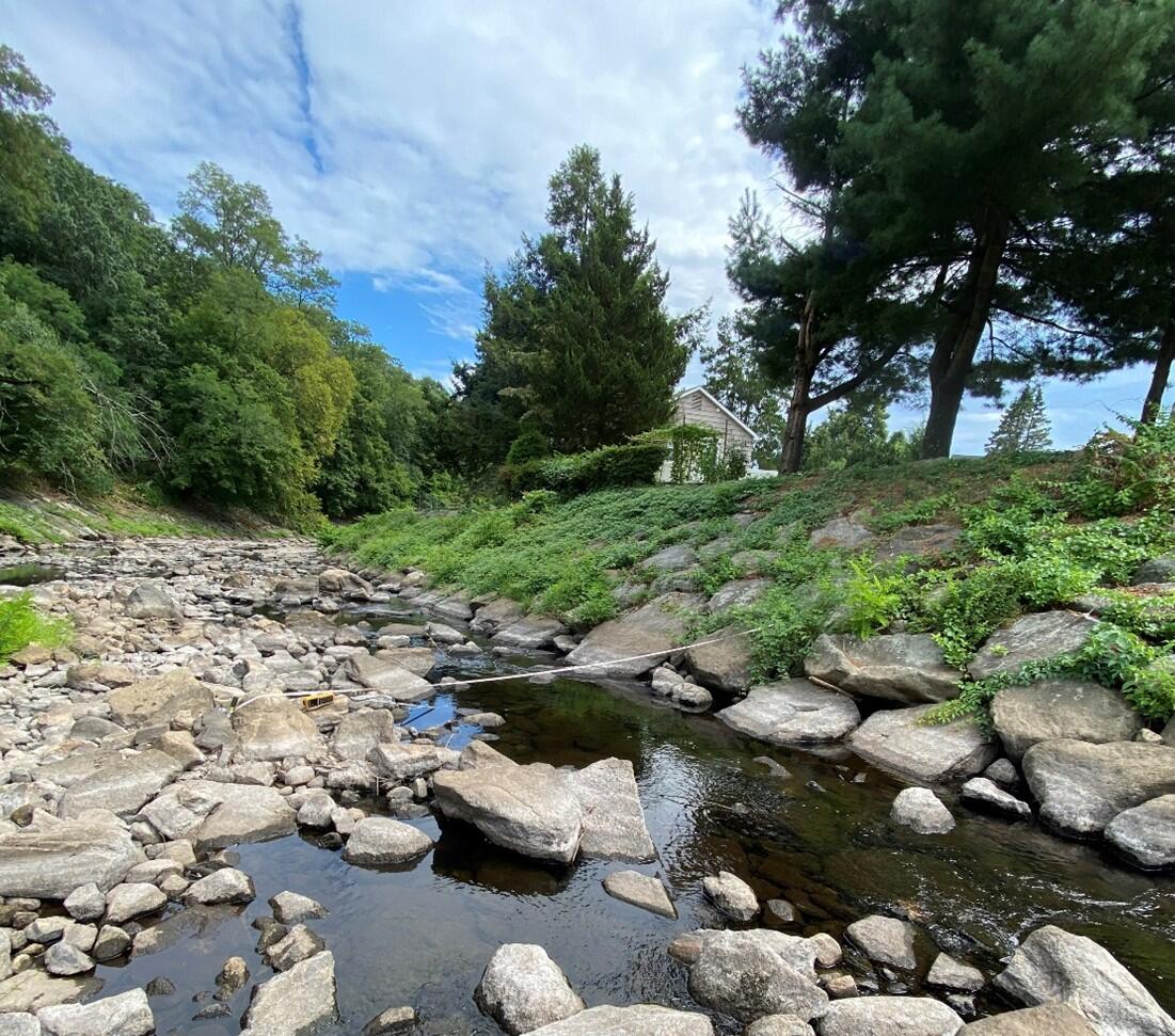 Rocky riverbed with low water levels with green trees in the background.