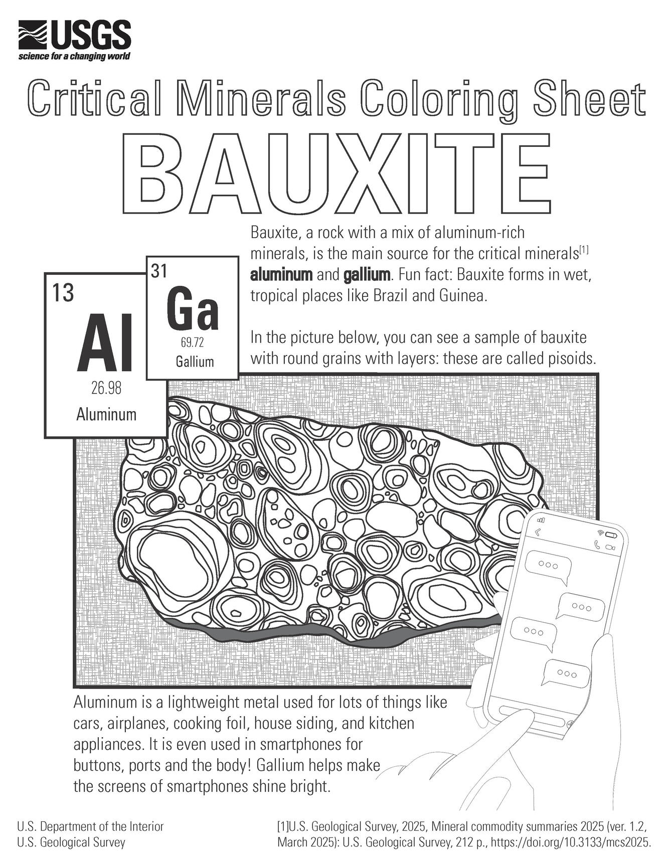 Coloring sheet for bauxite and the critical minerals aluminum and gallium.
