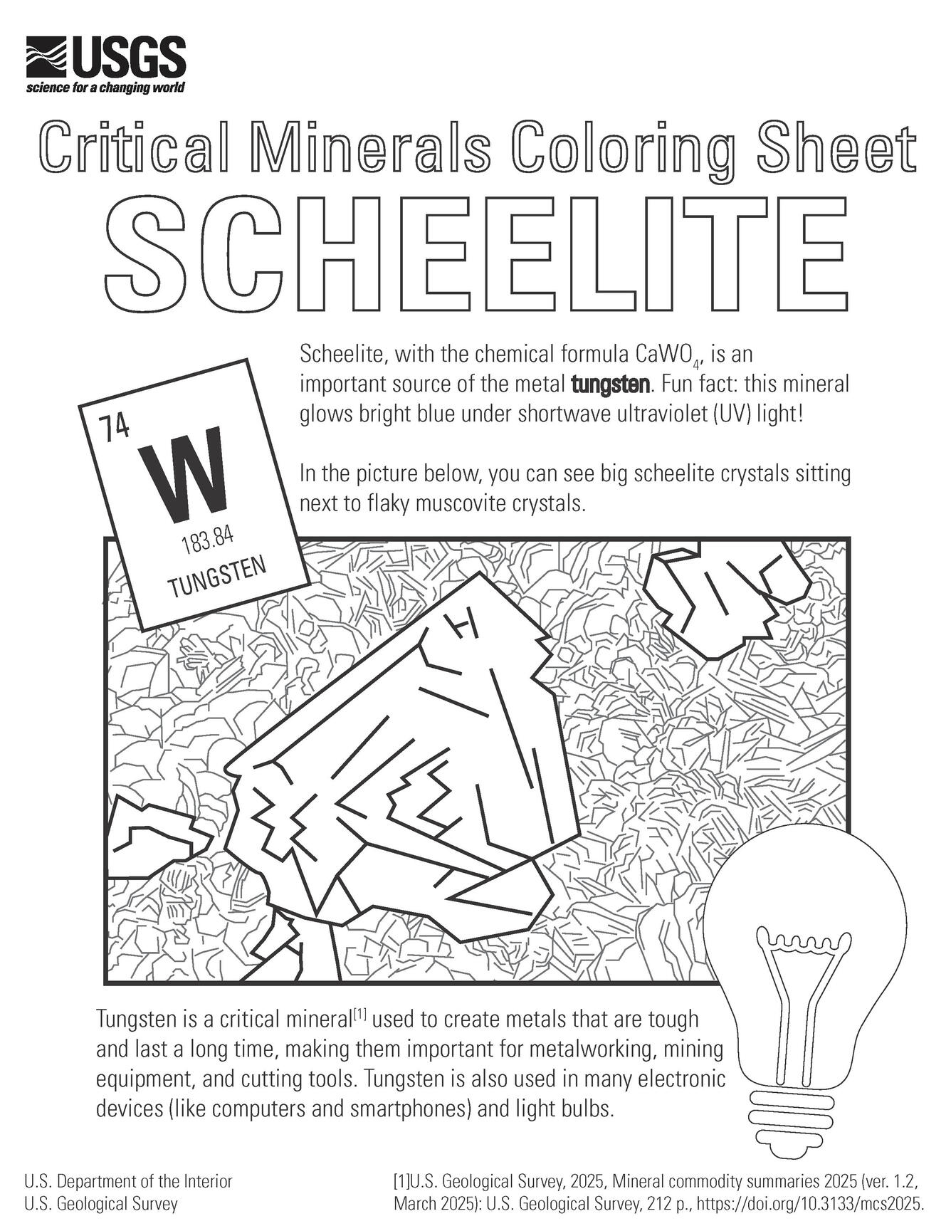 Coloring sheet for scheelite and the critical mineral tungsten.