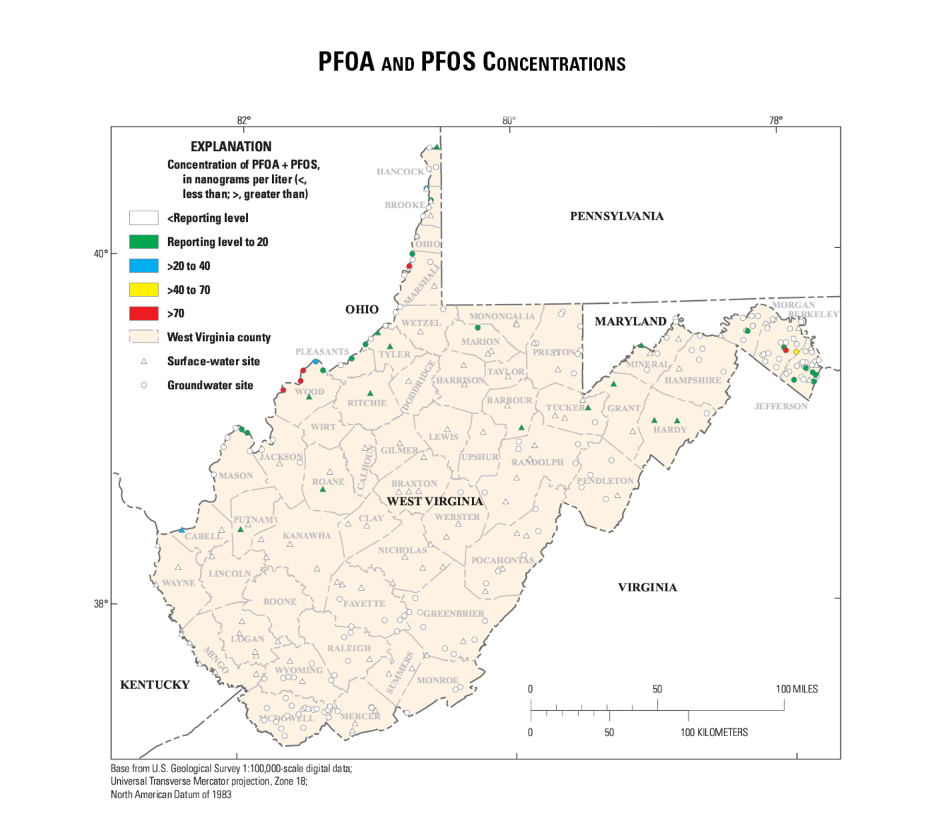 A map of West Virginia with PFAS sampling locations