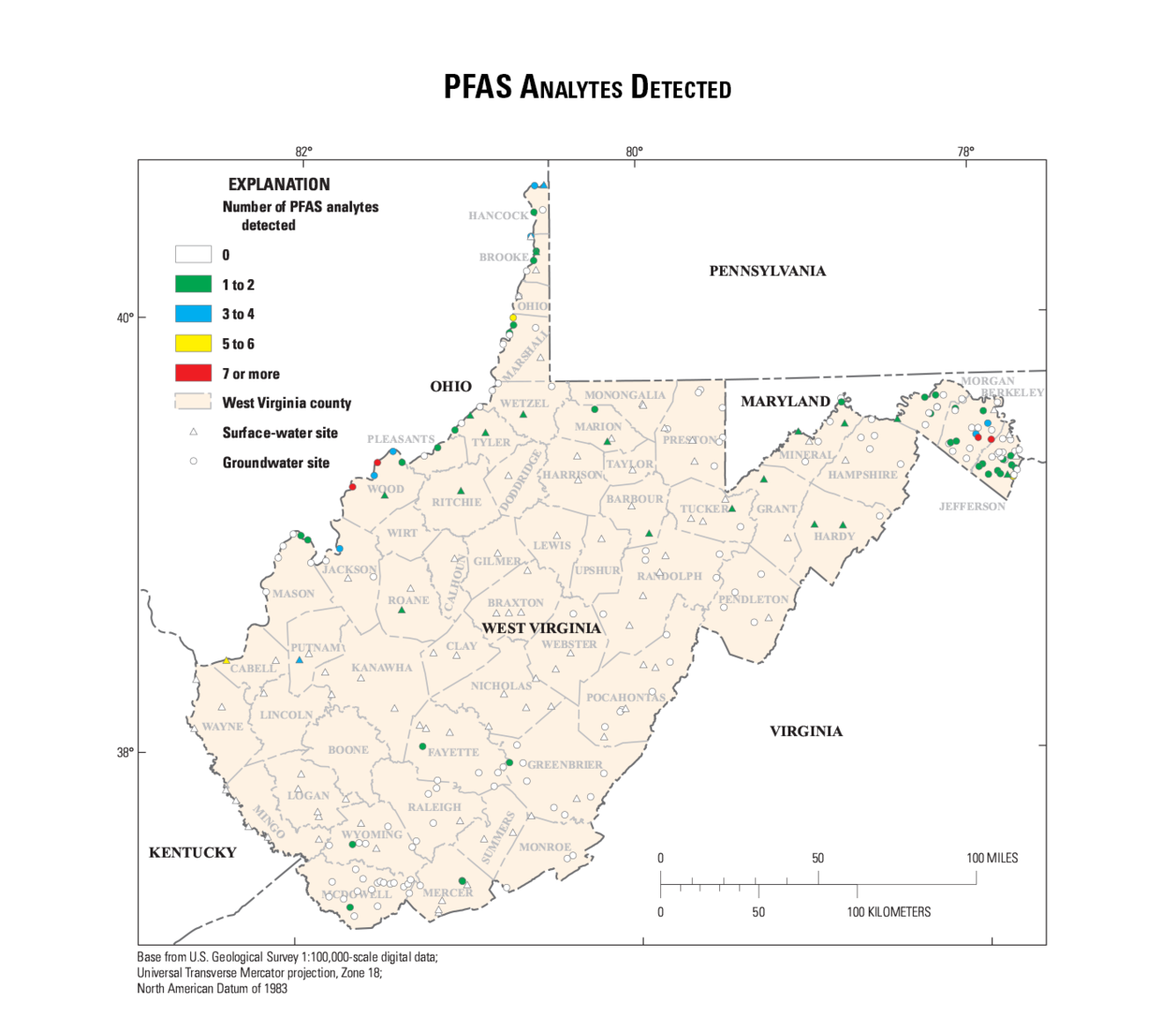 A map of West Virginia showing the number of PFAS analytes detected at sampling sites.