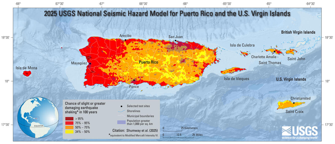 2025 USGS National Seismic Hazard Model for Puerto Rico and U.S. Virgin Islands Chance of Damaging Shaking Map