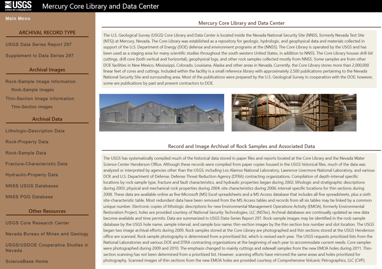 USGS Core Library and Data Center landing page