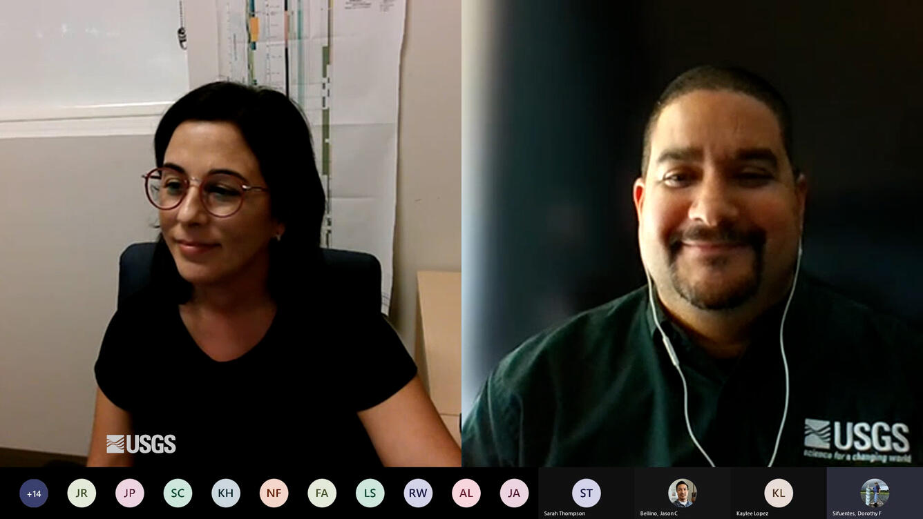 screen shot of two people on a Microsoft Teams call with a USGS logo in the corner