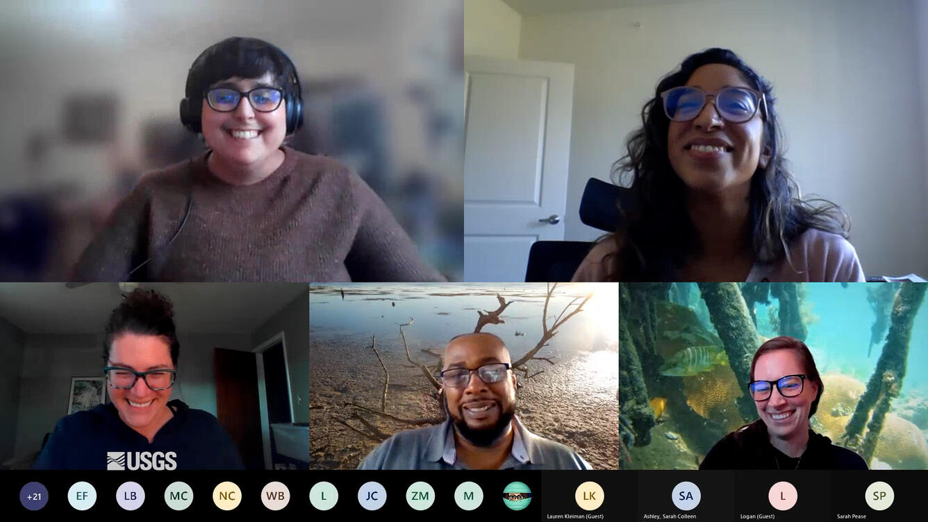 Five people smiling on a Microsoft Teams call with a USGS logo in the corner