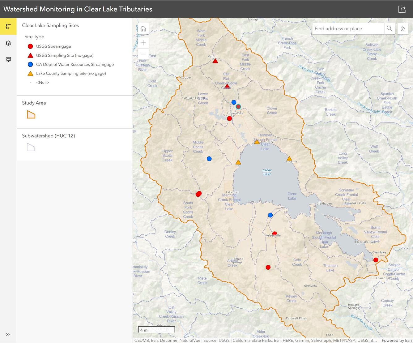 screen shot of web application with legend and toolbar on left and map on right displaying location of monitoring sites