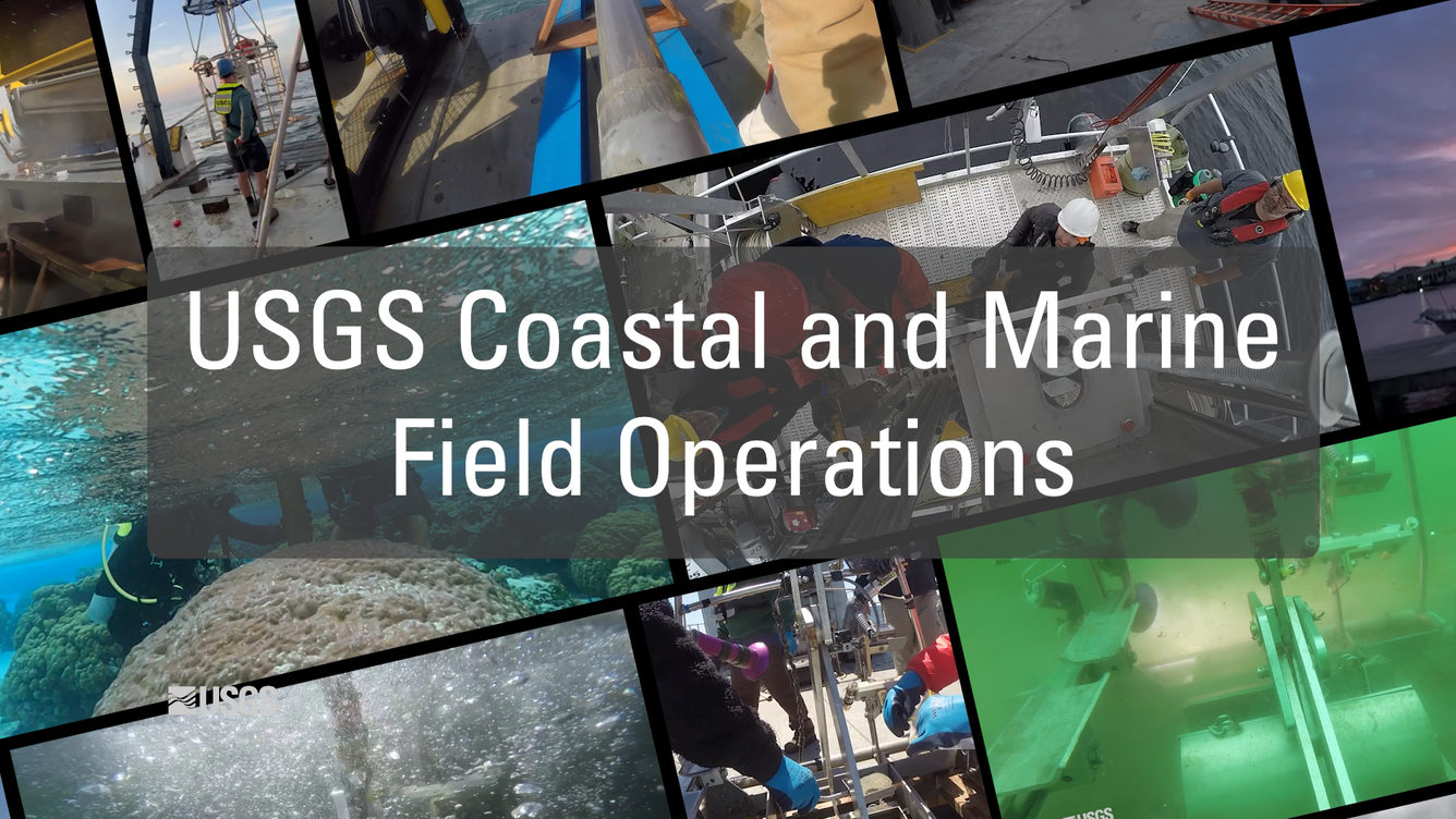 Cover image for the video "USGS Coastal and Marine Field Operations" showing montage of fieldwork