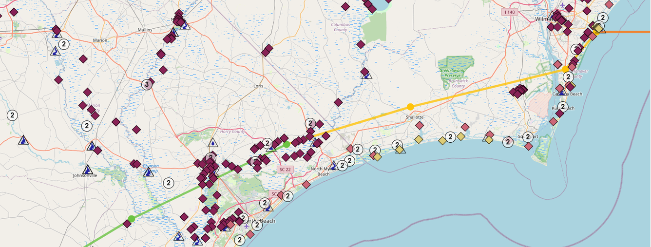 Screenshot showing a variety of data collection locations along the South Carolina coast during Hurricane Florence.